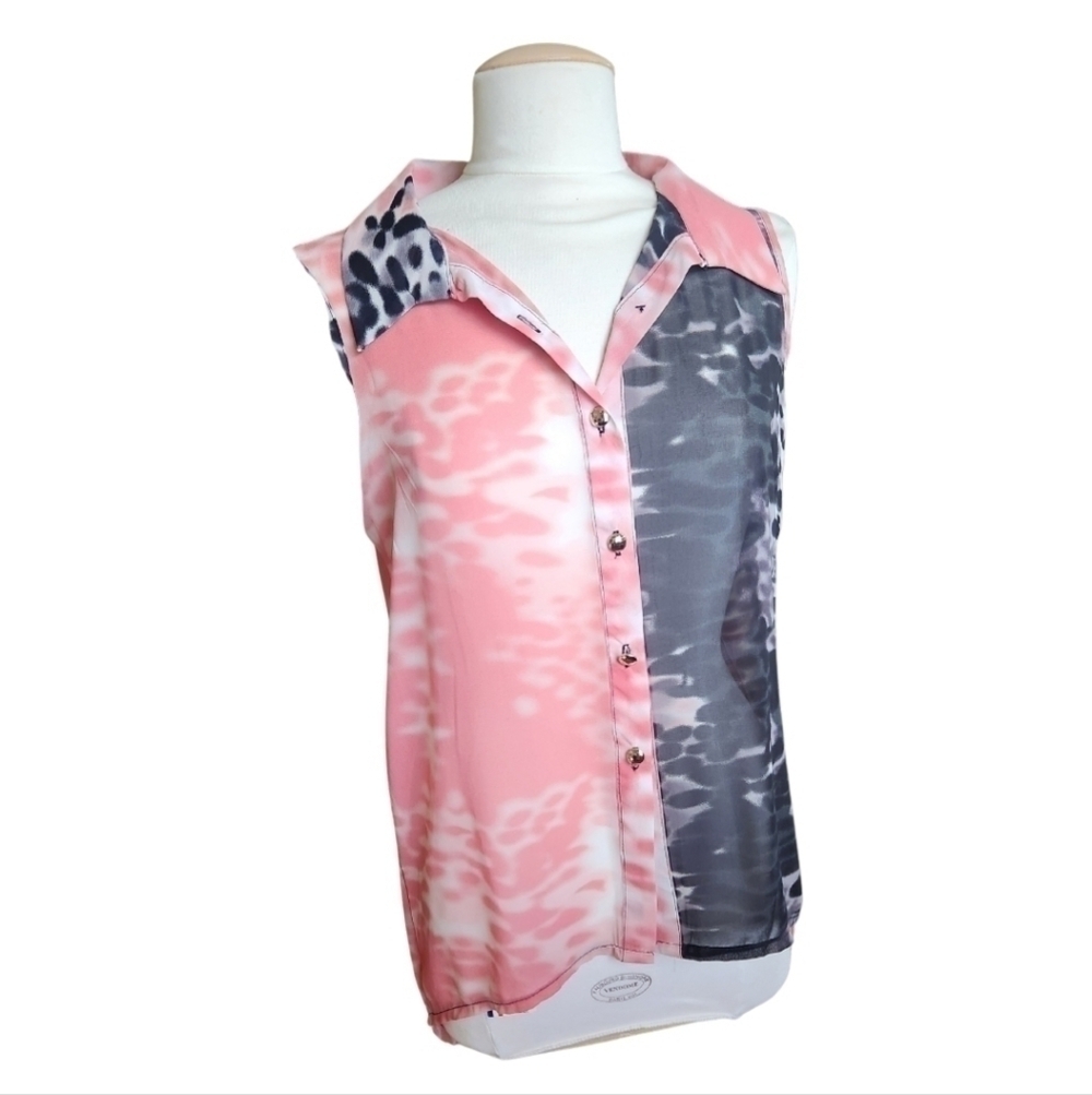NWT Trucci Animal Print Sheer Tank Button Blouse Pink And Black